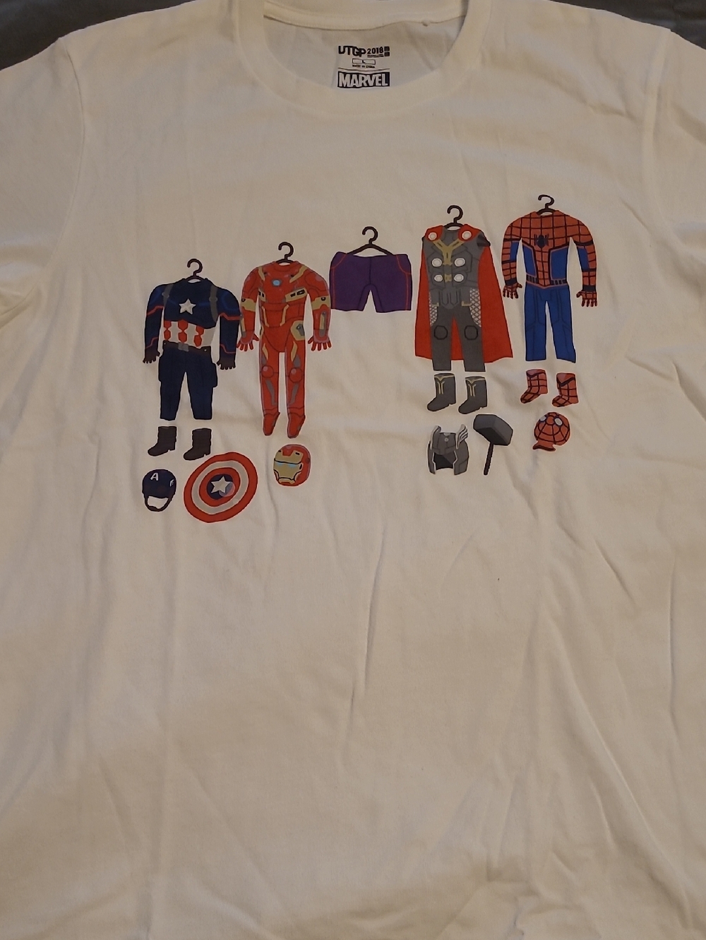 Marvel White T-Shirt with Red, Blue and Purple Superhero Costume Prints